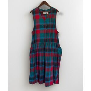 Vintage 90s Nouveau Bacer Plaid Drop Waist Pinafore Midi Dress M Overall Dress